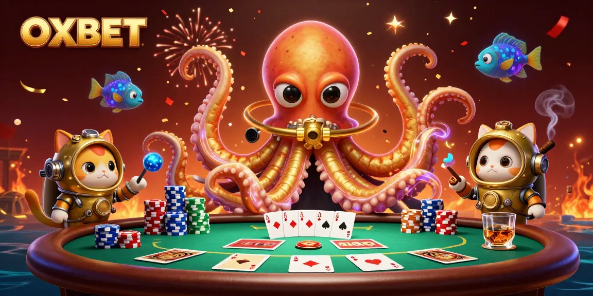 Experience the excitement of OXBET's vibrant casino scene with a lively kraken and poker elements.