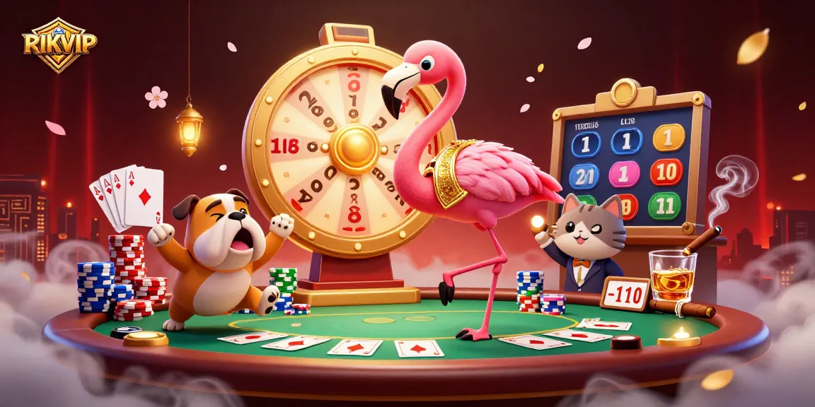 Experience thrilling RIKVIP gameplay as a flamingo spins a prize wheel in an electrifying scene.