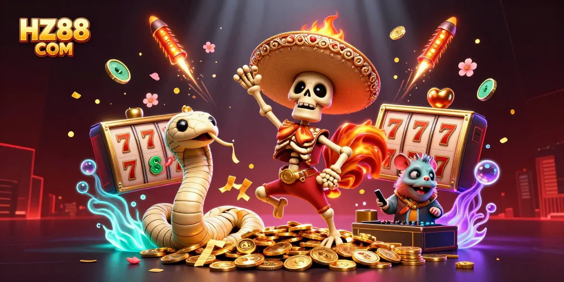 Experience the vibrant gaming world at HZ88 COM with engaging characters amidst swirling golden casino excitement.