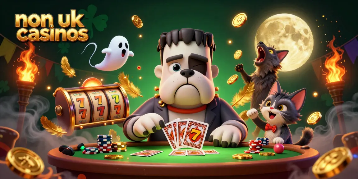 Engaging scene of non UK casinos featuring a cartoon dog dealer, gold moon, and a ghostly mouse.