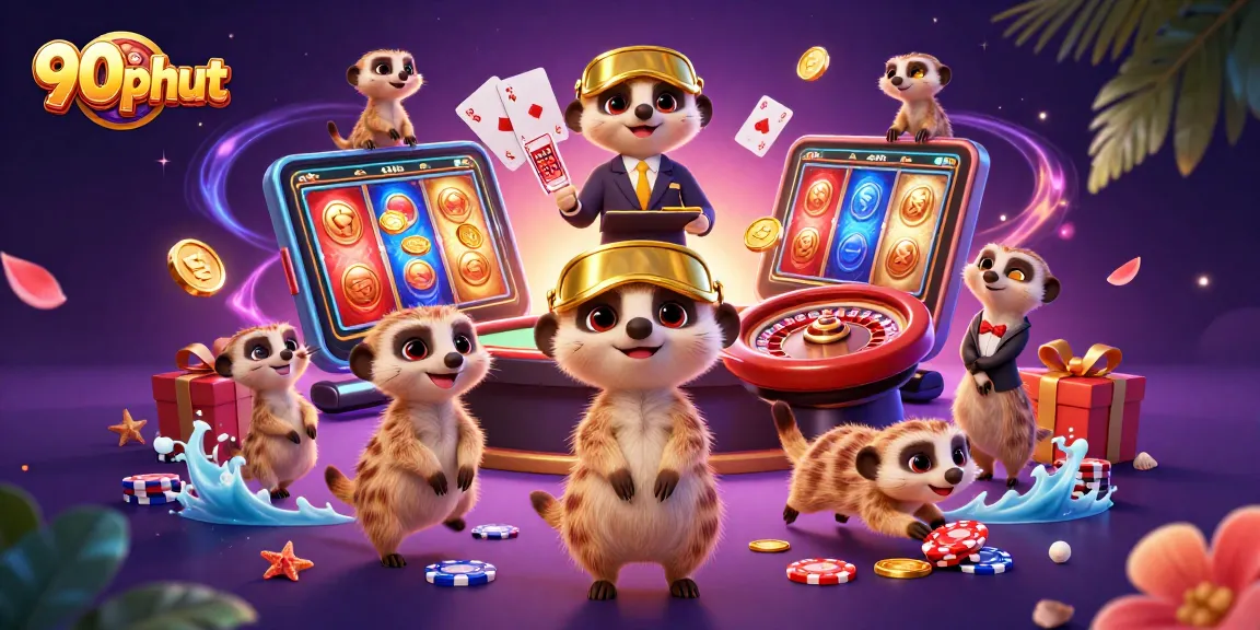 Engage with 90phut as meerkats manage a dynamic casino, showcasing vibrant gaming experiences.