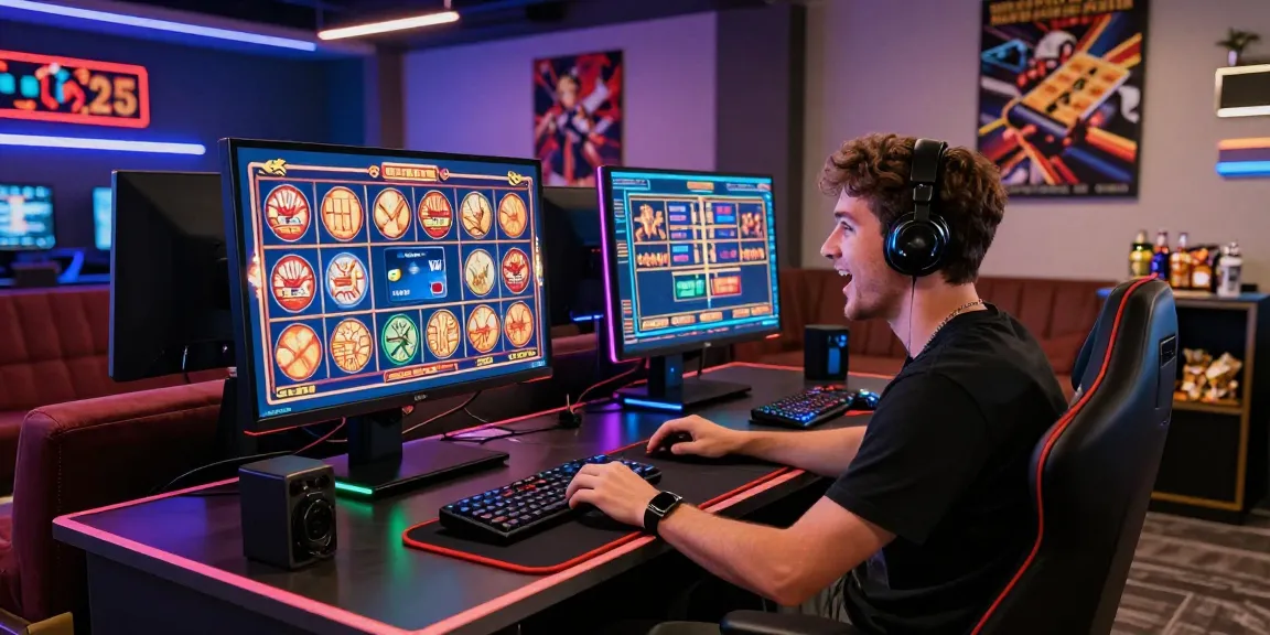Engaged gamer enjoying the vibrant online gaming experience at credit card casinos like https://brcs.co.uk with exciting slots and modern gaming setup.