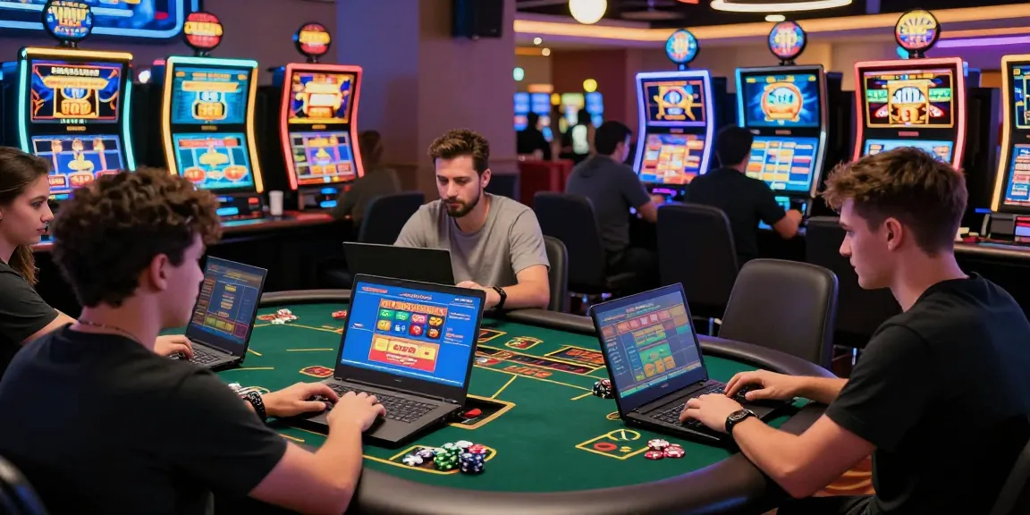 Engaging credit card casino reviews scene with diverse players enjoying games and analyzing bonuses.