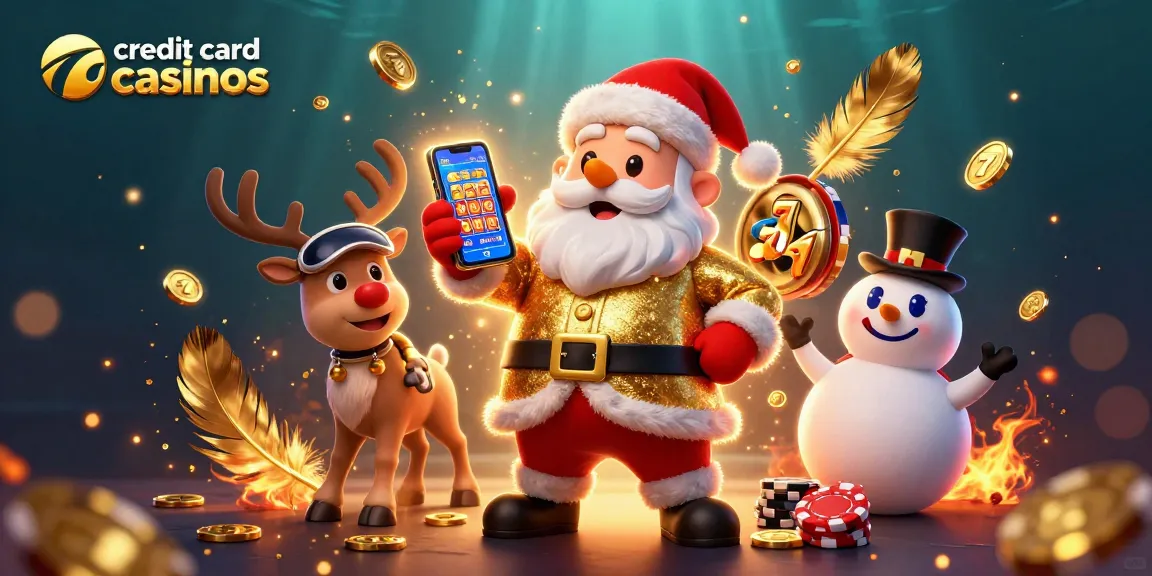 Engage with credit card casinos featuring a vibrant illustration of Santa with reindeer and snowman amidst spinning slot reels and golden particles.