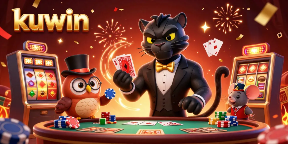 Kuwin offers exciting casino gameplay with a panther dealer, an owl with poker chips, and a lucky mouse surrounded by festive casino elements.