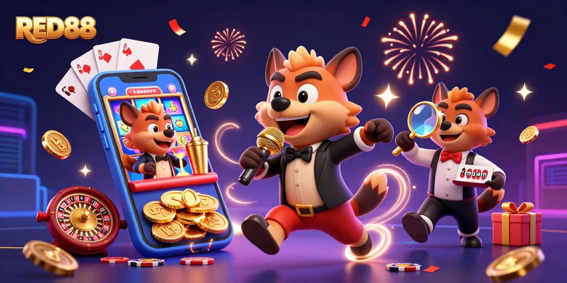 Experience the dynamic atmosphere of RED88 casino with lively hyena characters in this vibrant online gaming scene.
