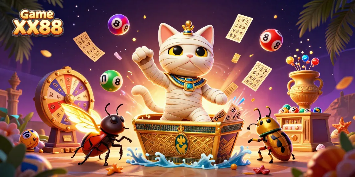 Experience the excitement of game XX88 with an Egyptian mummy cat emerging from a sarcophagus in a vibrant casino.