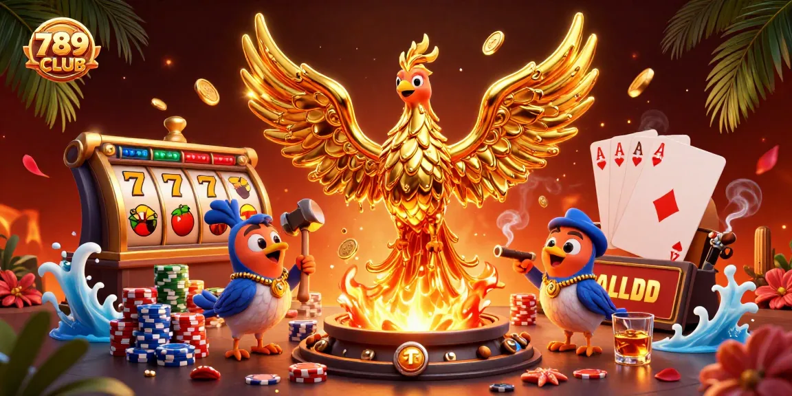 Experience thrilling slots at 789CLUB with a golden phoenix and vibrant casino elements.