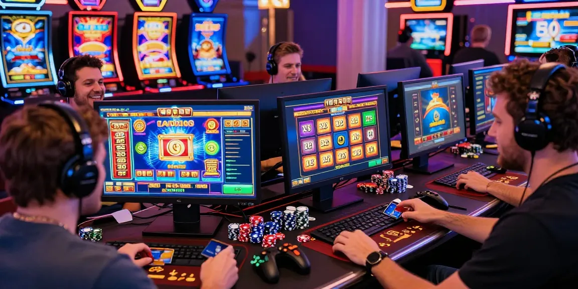 Excited players engaging at credit card casinos with vibrant gaming screens and neon lights.
