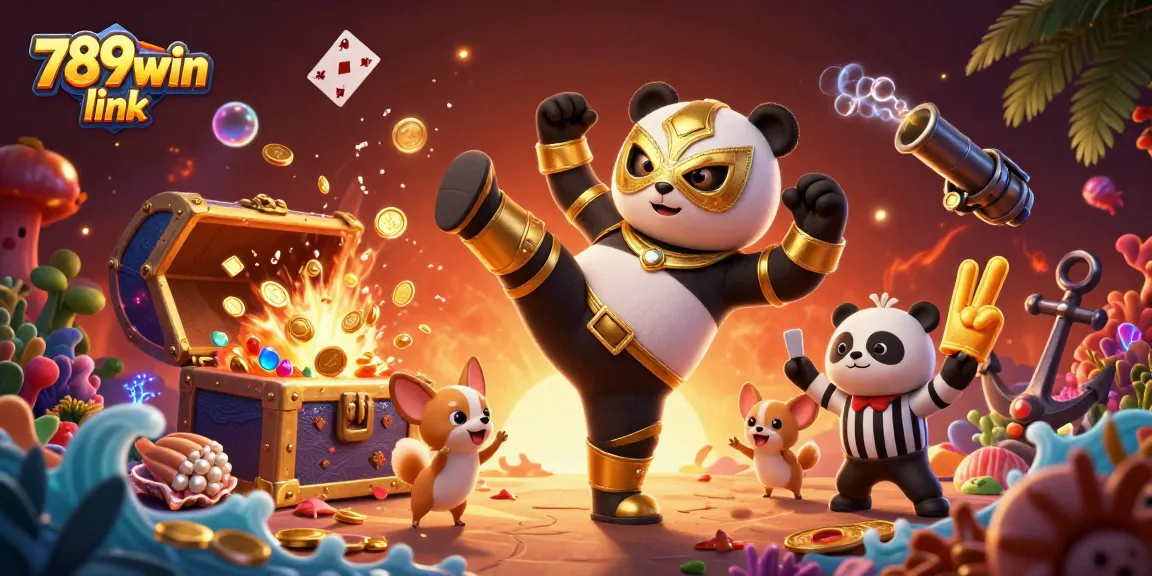 Engage with the exciting 789win link featuring a colorful panda wrestler in action surrounded by gambling elements.