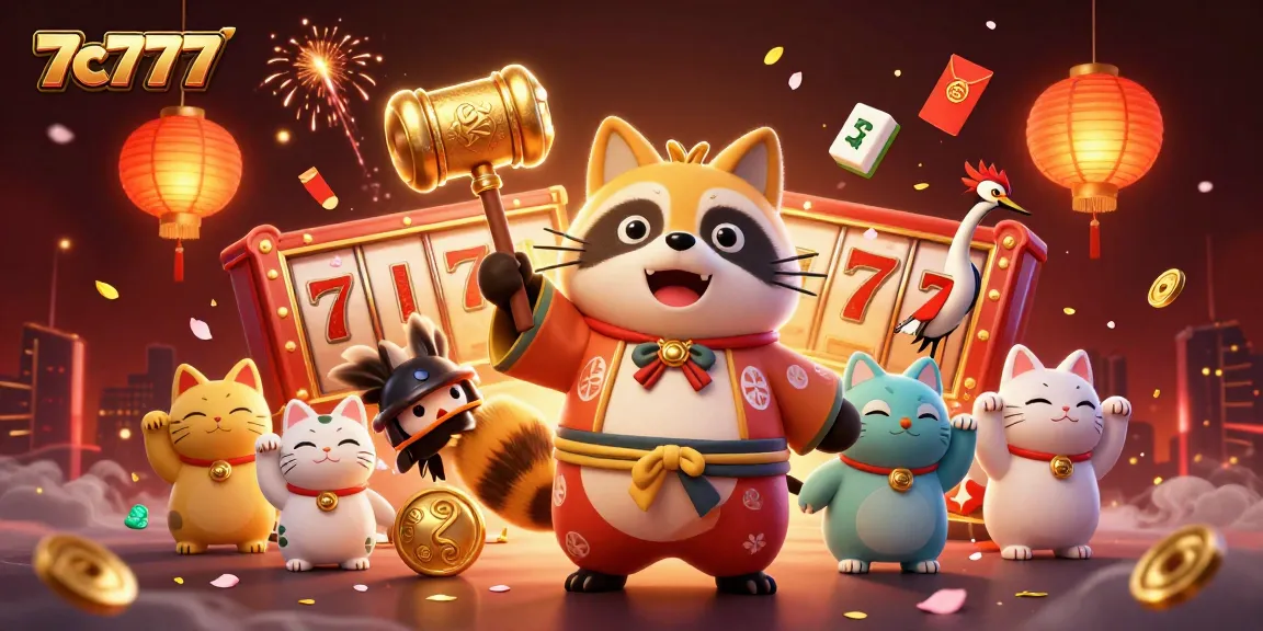 Engage with 7c777's vibrant casino scene featuring cheerful tanuki and lucky symbols.