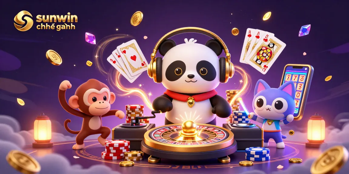 Experience a vibrant scene with sunwin chính hãng, where a DJ panda spins in a lively gambling atmosphere.